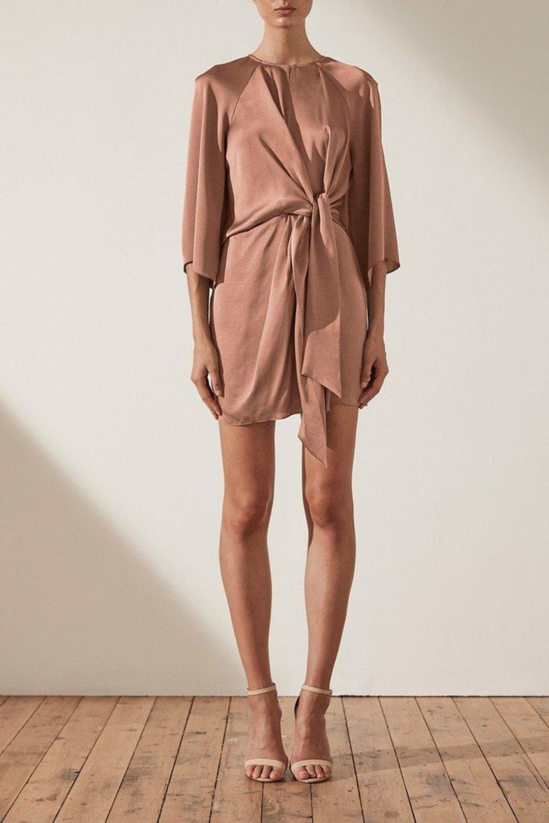 Shona Joy Sawyer Tie Front Mini Dress Beige Size 14 for rent on The Volte - main image