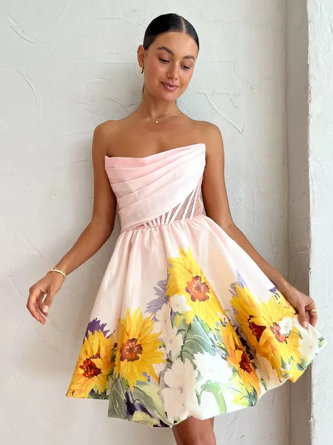 Leo Lin Katy Bustier Mini Dress Sunflower Print in Pink Size 8 for rent on The Volte - main image