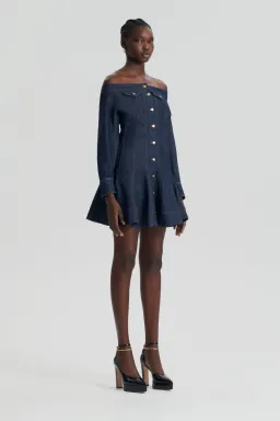 Scanlan Theodore Denim Skater Off Shoulder Mini Dress Indigo Size 8 for rent on The Volte - image 1