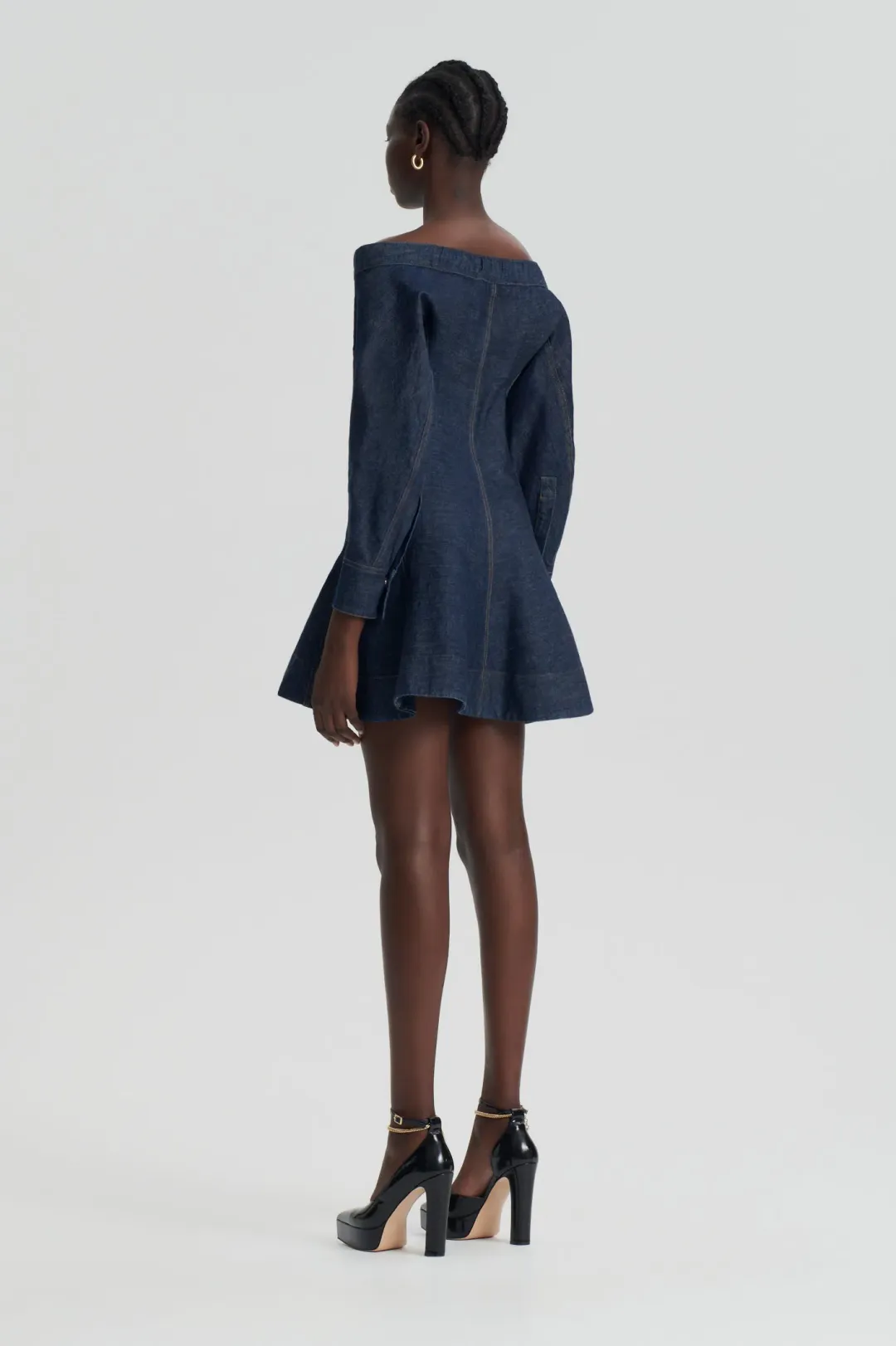Scanlan Theodore Denim Skater Off Shoulder Mini Dress Indigo Size 8 for rent on The Volte - main image