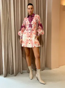 Leo Lin Luminous Silk Linen Mini Dress in Orient Print in Hibiscus Pink Size 10 for rent on The Volte - image 1