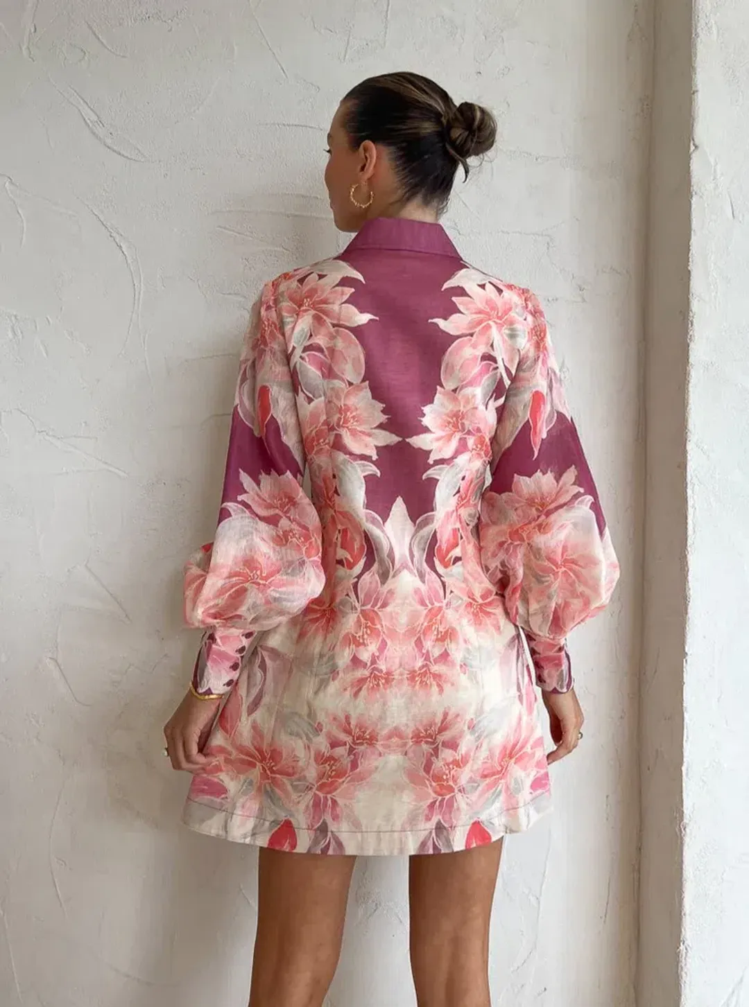 Leo Lin Luminous Silk Linen Mini Dress in Orient Print in Hibiscus Pink Size 10 for rent on The Volte - main image