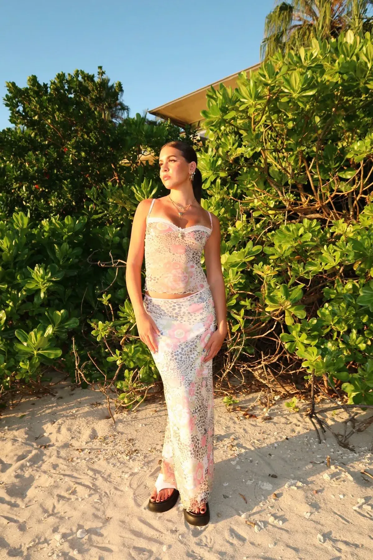 Blinc1000 Leopard Print Mesh Cami Top and Maxi Skirt Set in Rose Size 8  for rent on The Volte - main image