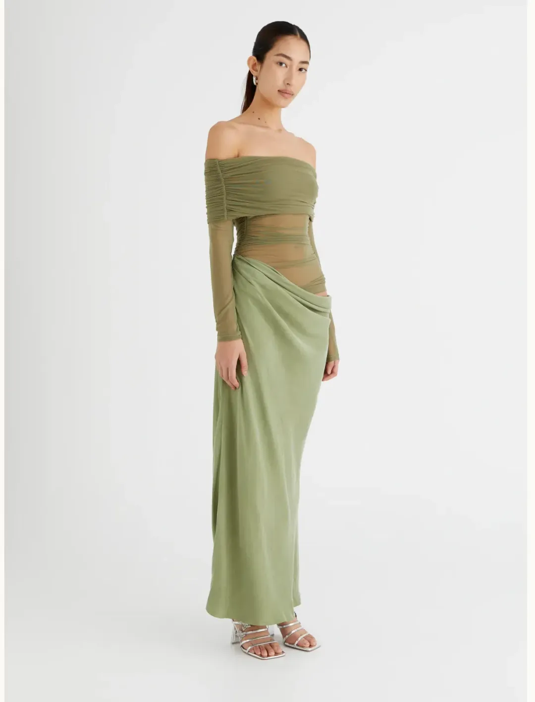 Benni Yasmin Off Shoulder Maxi Dress in Pistachio Size 8 for rent on The Volte - main image