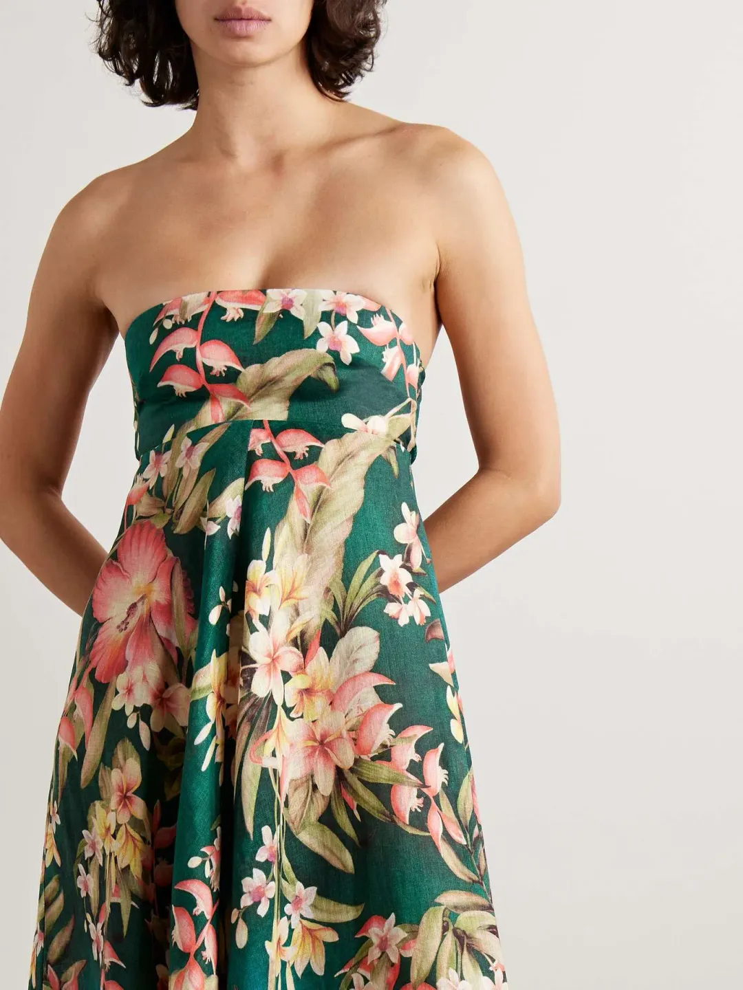 Zimmermann Lexi Strapless Linen Midi Dress Floral Print Size 2 / AU 12 for rent on The Volte - main image