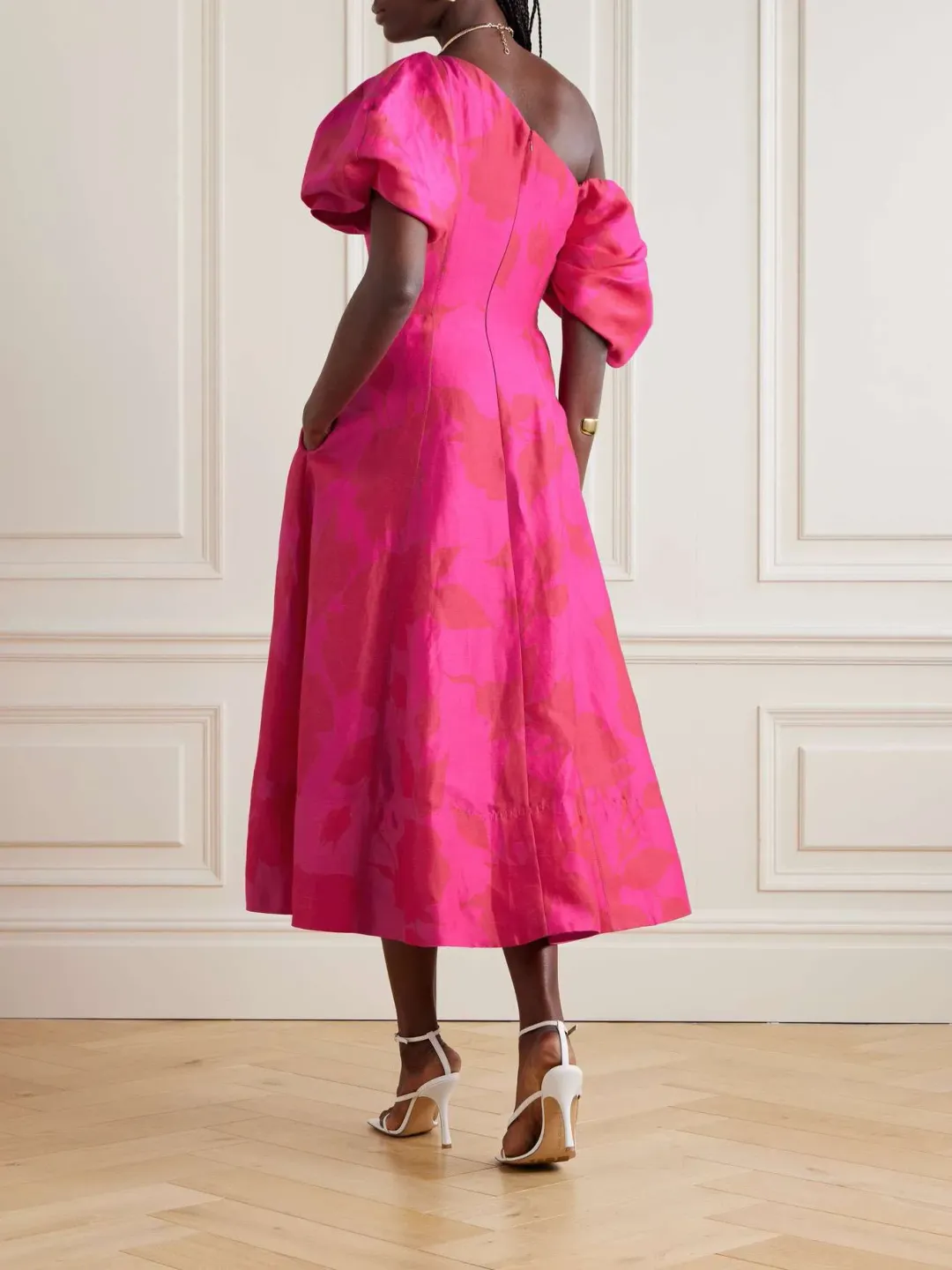 Aje Arista Tulip Sleeve Midi Dress Florescent Rose Pink Size AU 6 for rent on The Volte - main image