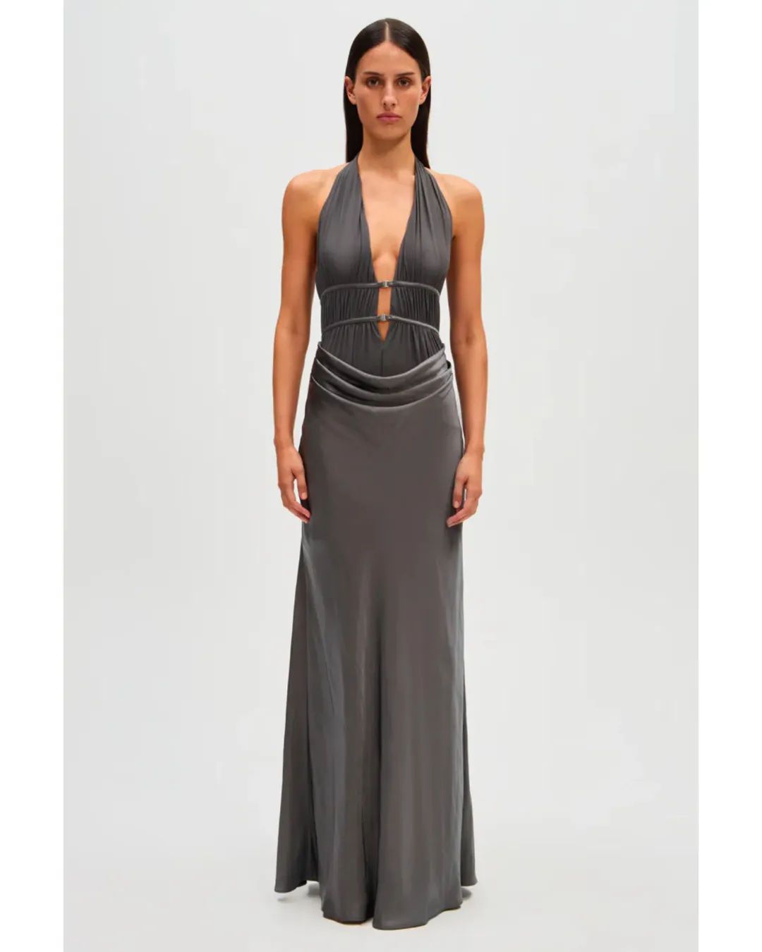 MISHA Celine Satin Maxi Dress Pewter Size 6/XS for rent on The Volte - main image