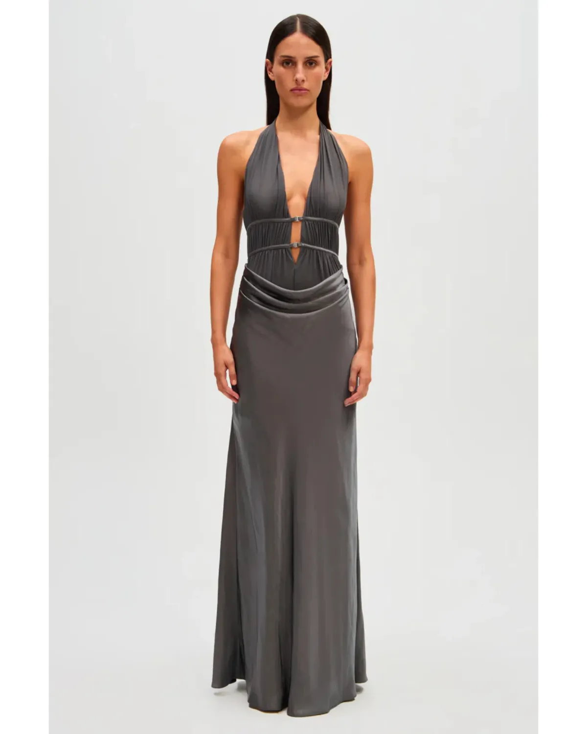 MISHA Celine Satin Maxi Dress Pewter Size 6/XS for rent on The Volte - main image