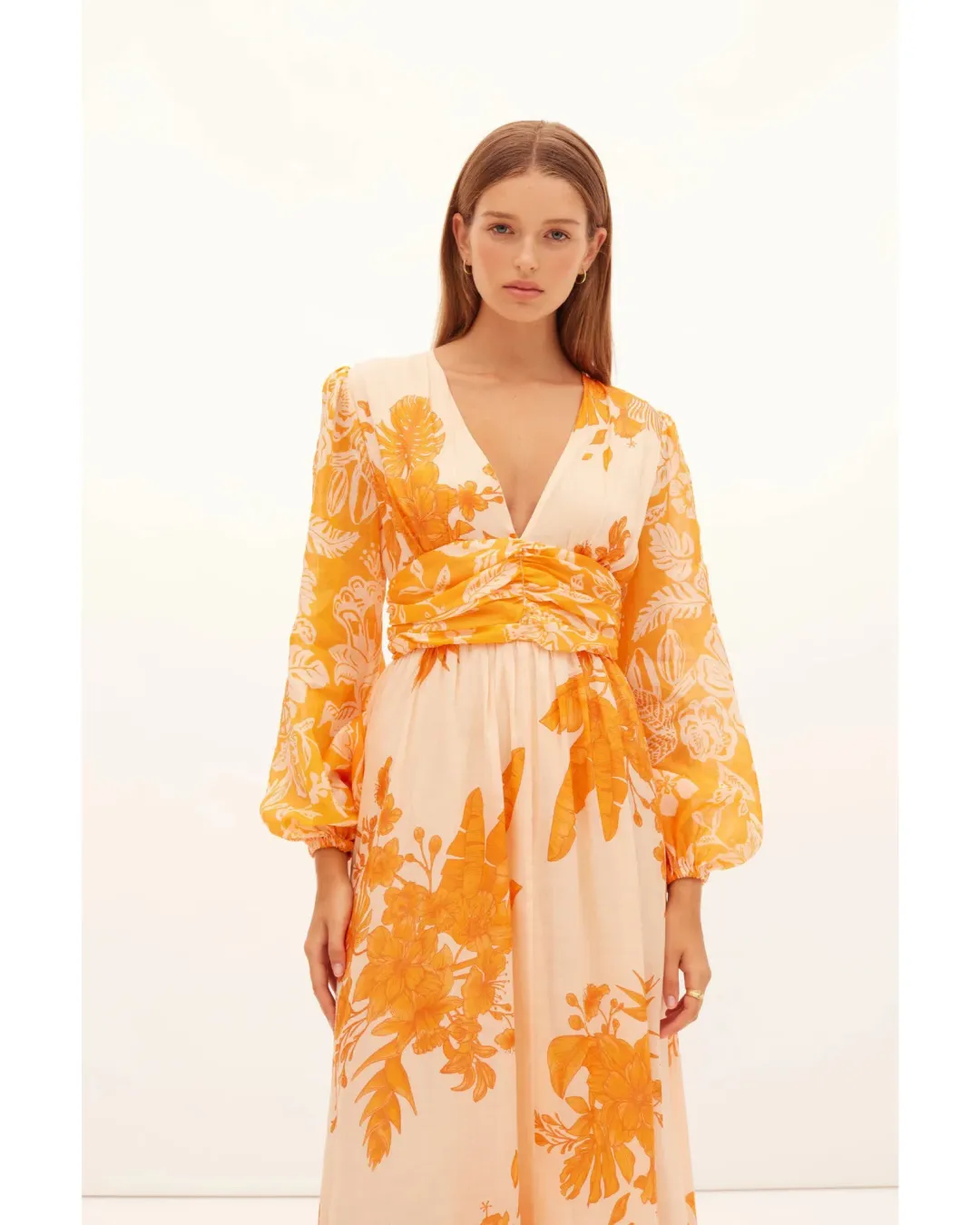Kate Ford Hester Ruched Gown Orange Print Size AU 12 for rent on The Volte - main image