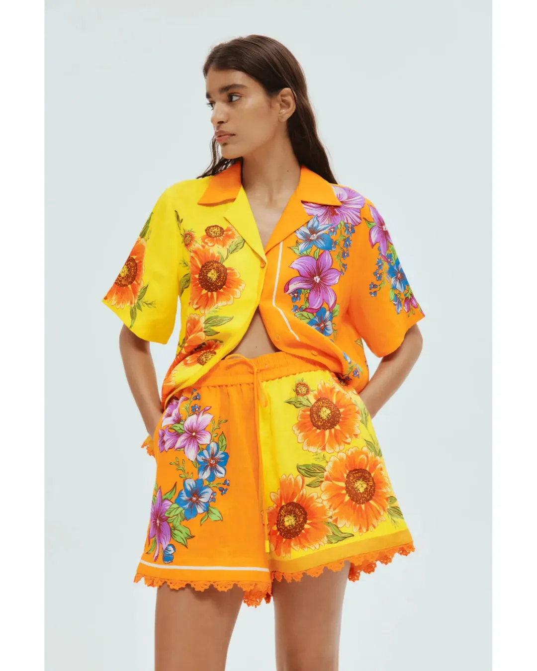 Alemais Jude Oversized Linen Shirt and Short Set Orange Floral Size AU 14 for rent on The Volte - main image