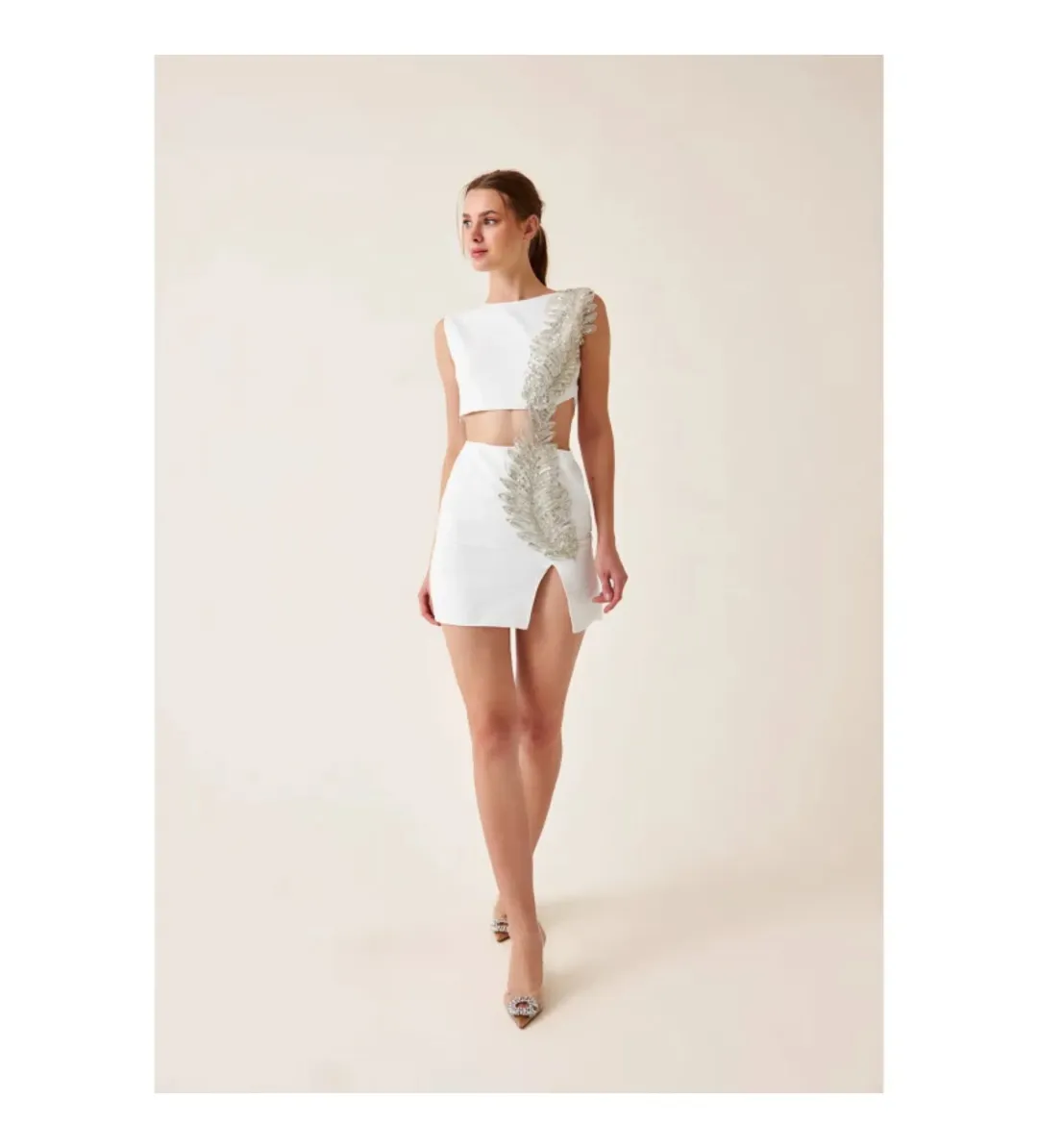 Fickle Hearts Ellie Ecru White Mini Dress With Cutouts & Embellishment Size AU 6 for rent on The Volte - main image
