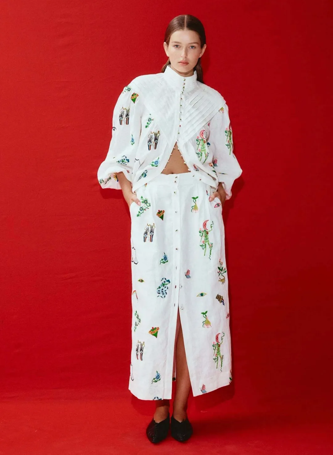 Alemais Atticus Embroidered Shirt and Skirt Set Cream Multi Size 12 for rent on The Volte - main image