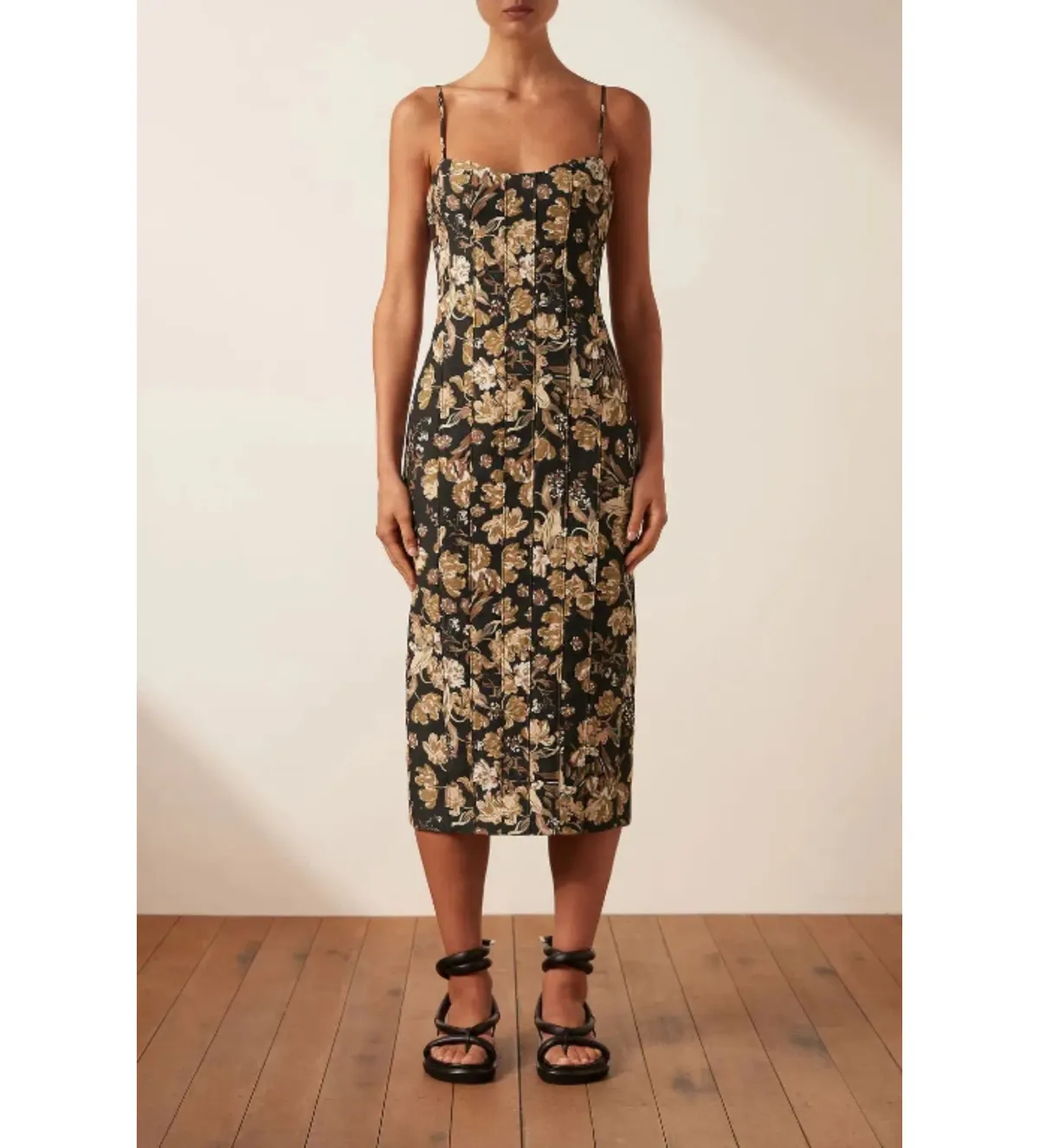 Shona Joy Palermo Linen Fitted Midi Dress Multi Floral Size 10 for rent on The Volte - main image