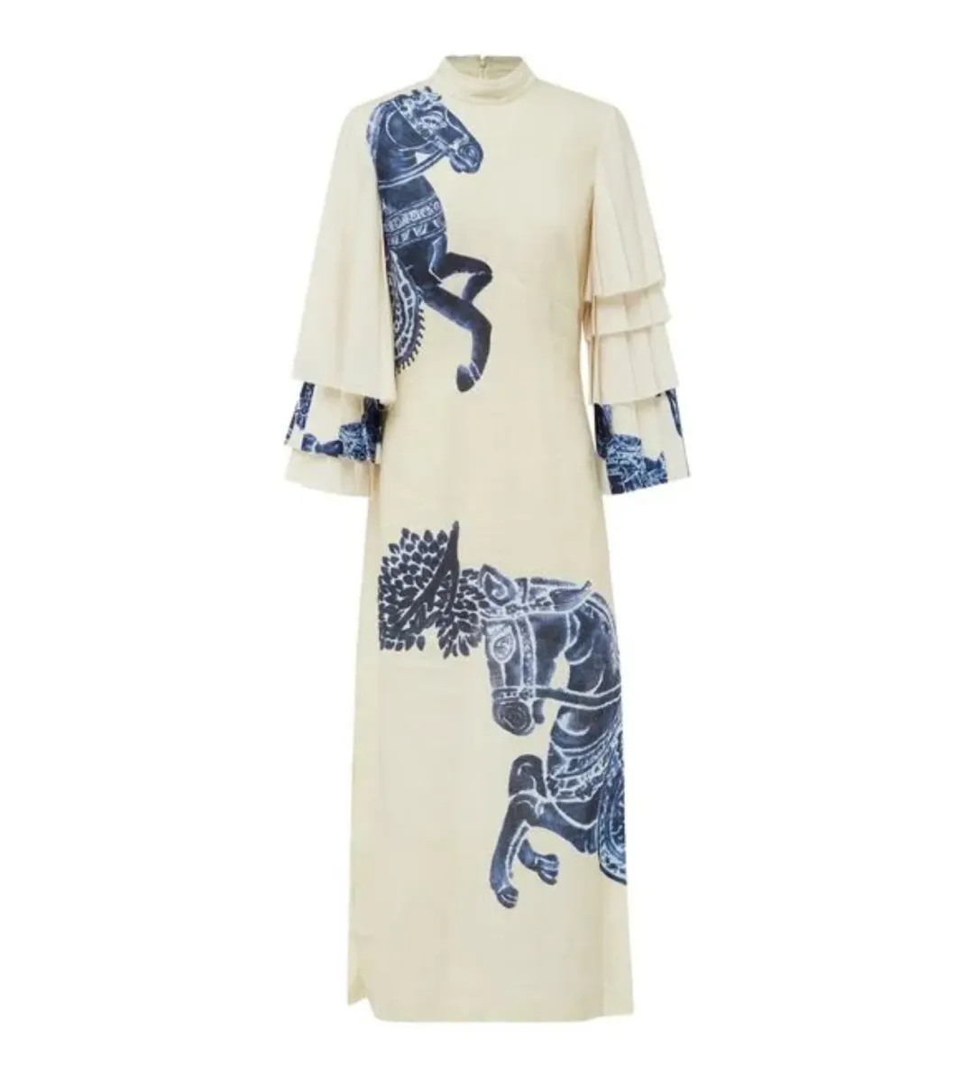 Alemais Blue Rider Pleat Sleeve Midi Dress Cream Print Size 14 for rent on The Volte - main image