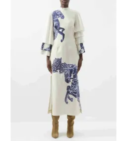 Alemais Blue Rider Pleat Sleeve Midi Dress Cream Print Size 14 for rent on The Volte - image 1