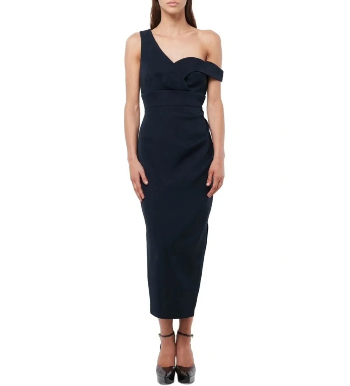 Mossman Virtuous One-Shoulder Midi Dress Navy Size 6 for rent on The Volte - main image