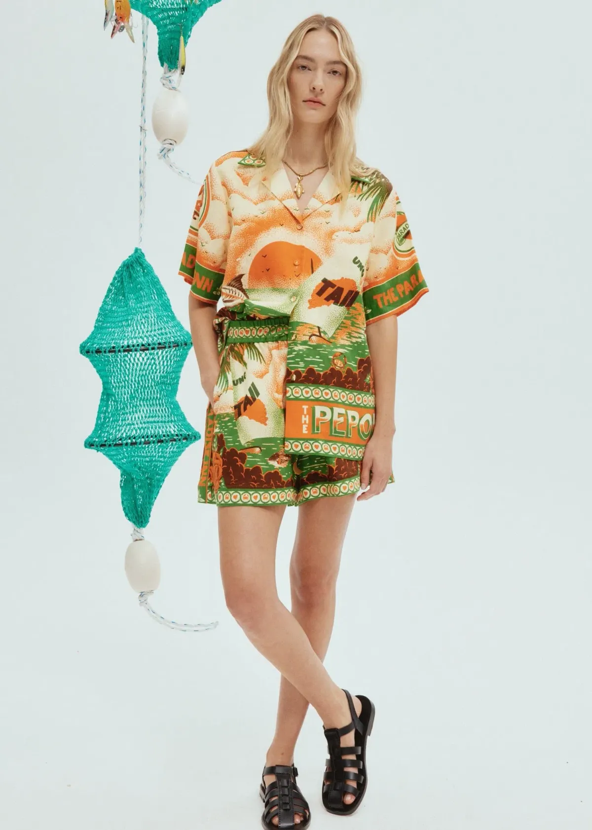 Alemais Bungalow Oversized Linen Shirt and Short Set Multi Print Size 16 for rent on The Volte - main image