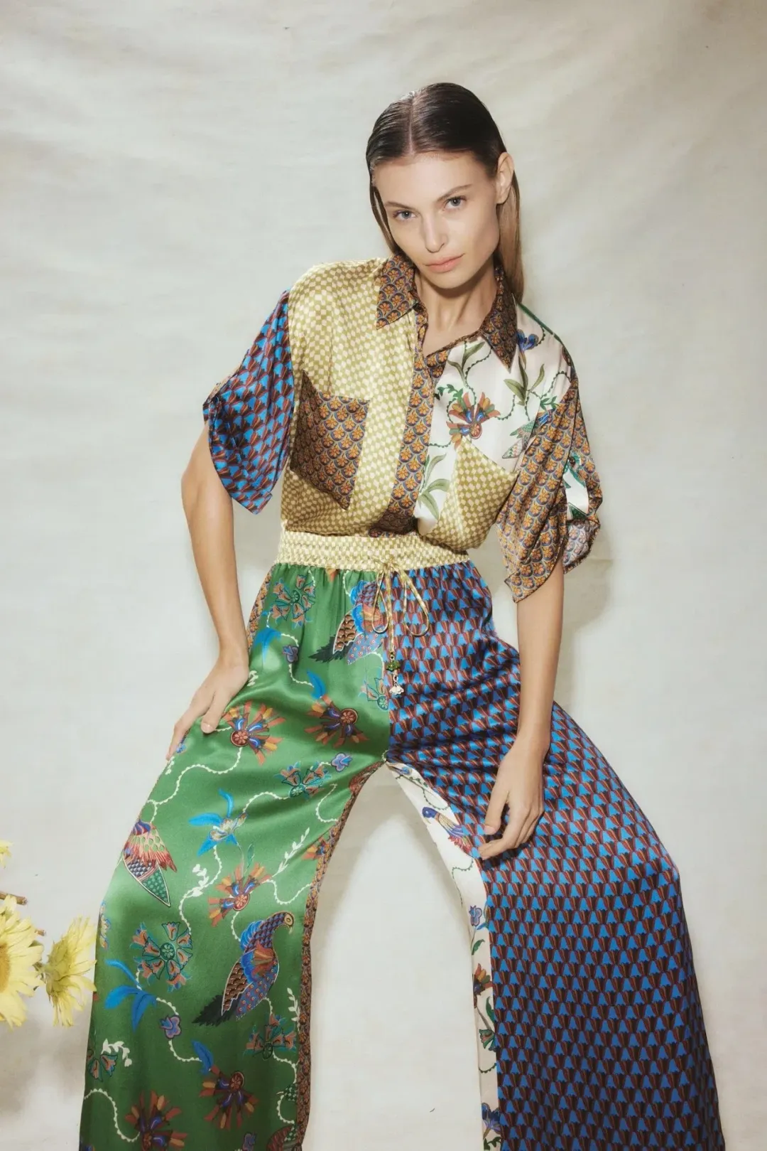 Alemais Birdie Spliced Silk Shirt and Pants Set Multi Print Size 14 for rent on The Volte - main image
