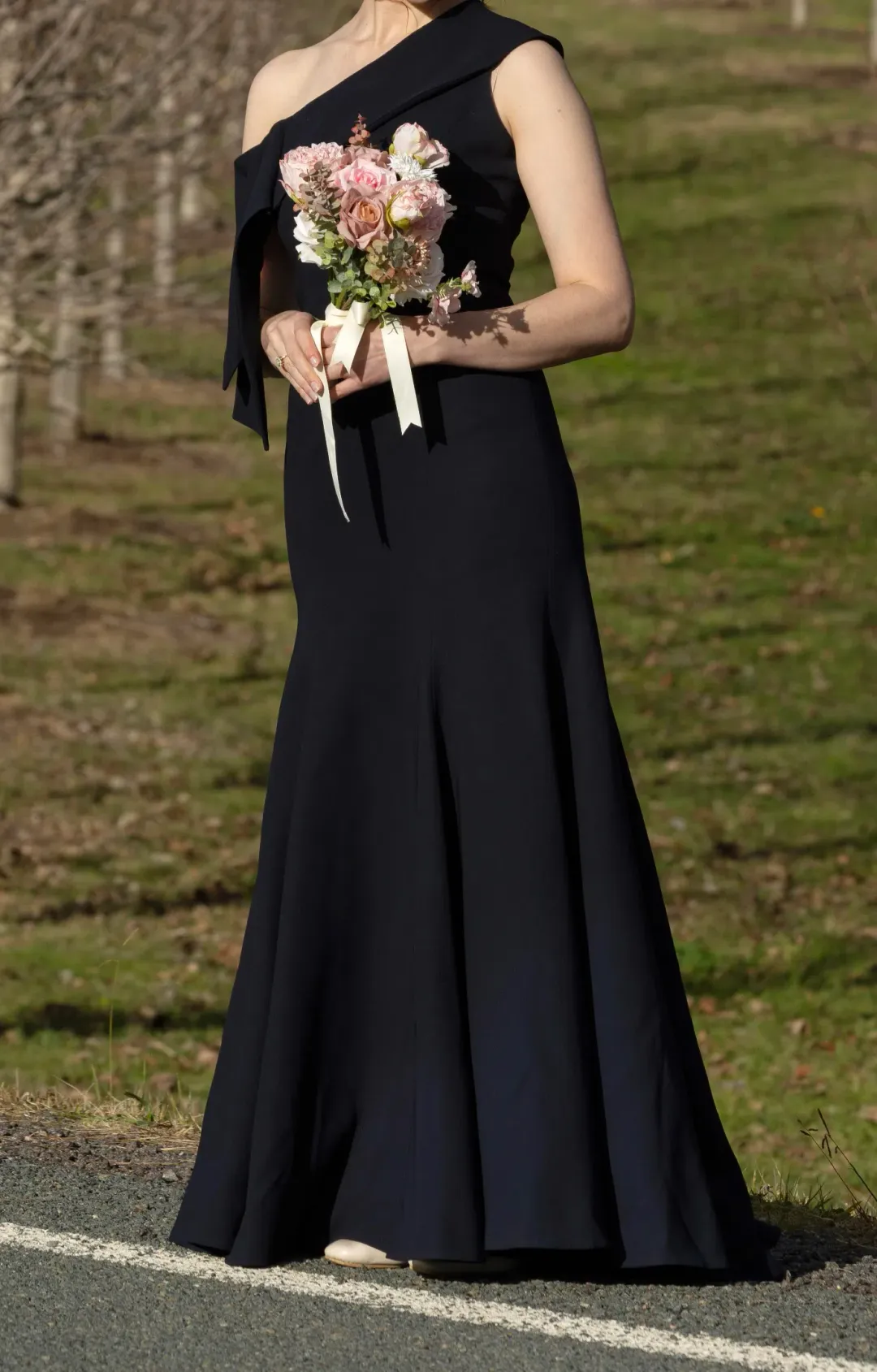 Carla Zampatti Crepe Fascia Asymmetrical Floor Length Gown  Navy Size 8 for rent on The Volte - main image