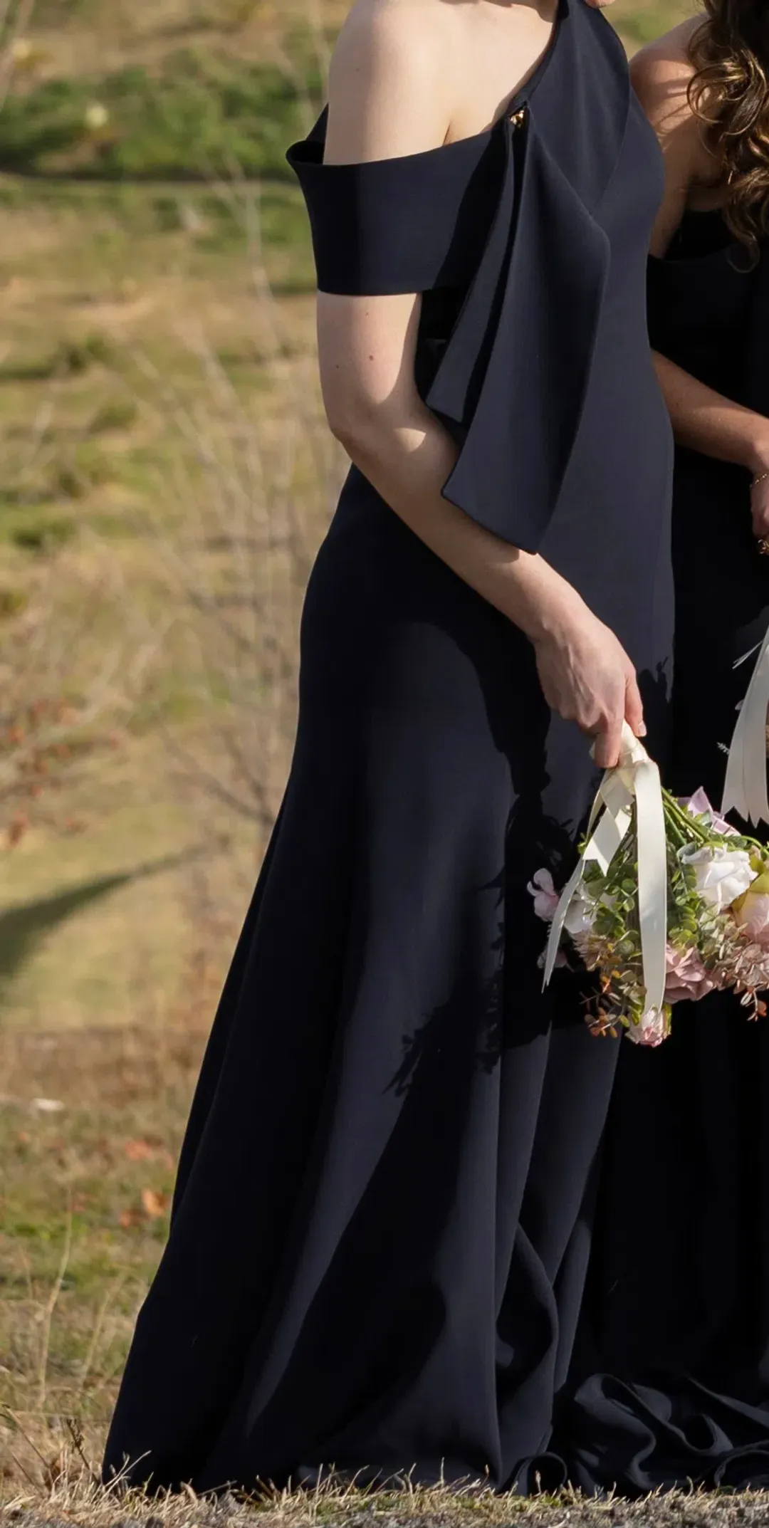 Carla Zampatti Crepe Fascia Asymmetrical Floor Length Gown  Navy Size 8 for rent on The Volte - main image