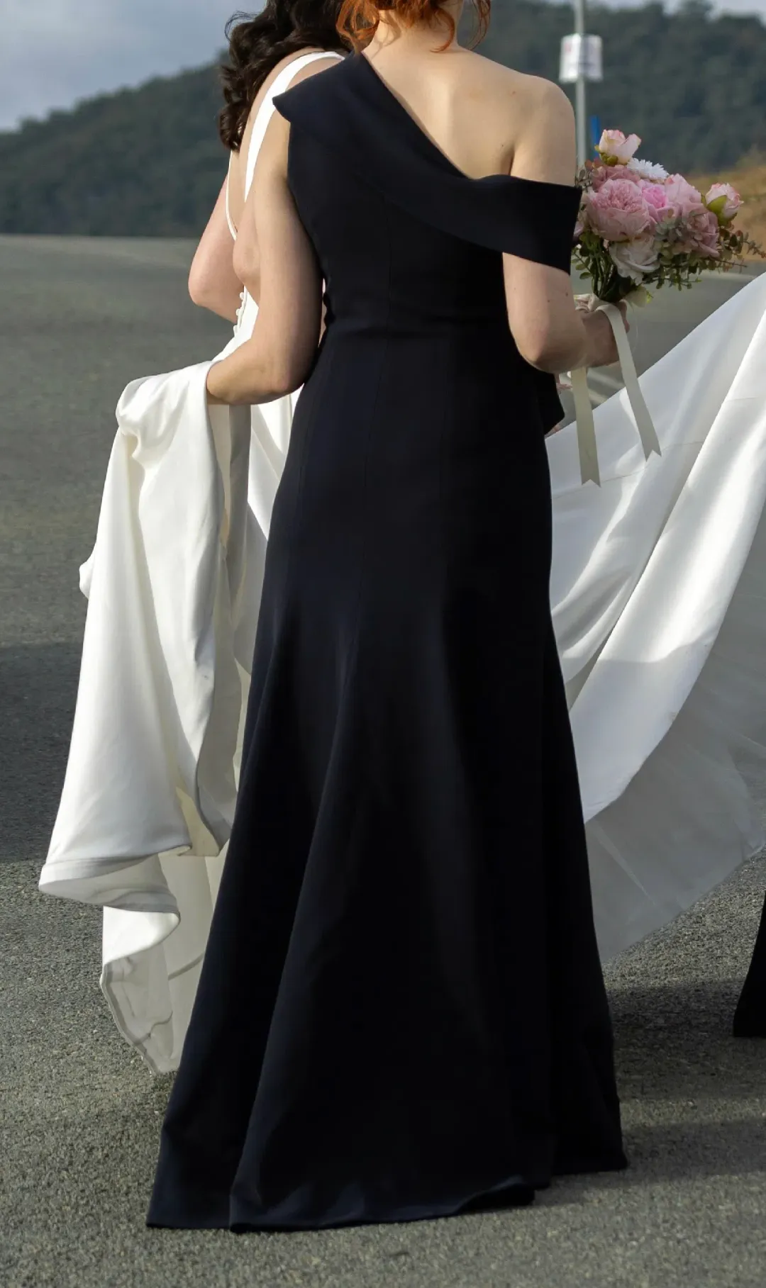 Carla Zampatti Crepe Fascia Asymmetrical Floor Length Gown  Navy Size 8 for rent on The Volte - main image