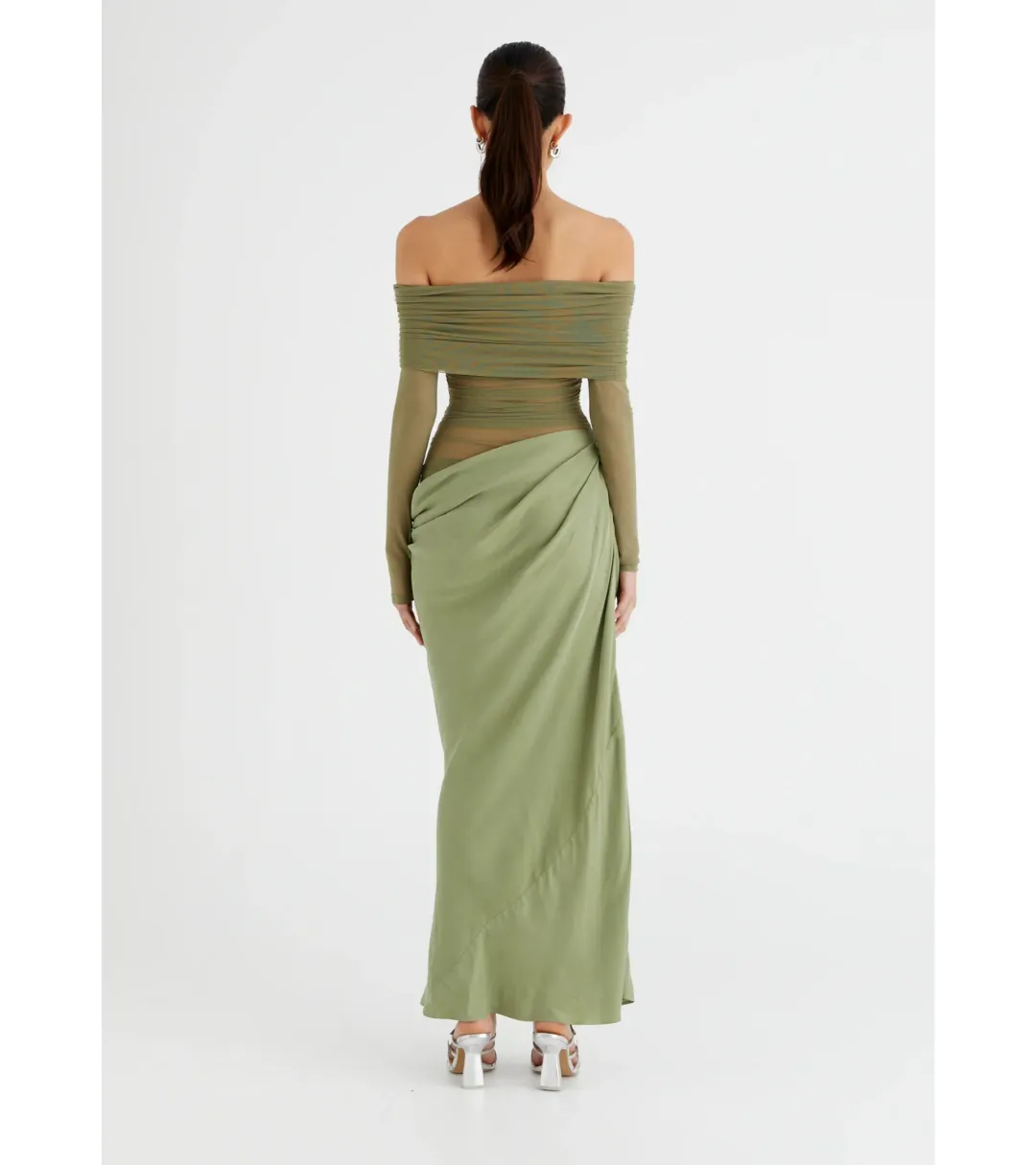 Benni Yasmin Off Shoulder Maxi Dress in Pistachio Size 8 for rent on The Volte - main image
