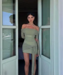 Benni Yasmin Off Shoulder Mini Dress Green Size 8 for rent on The Volte - image 1