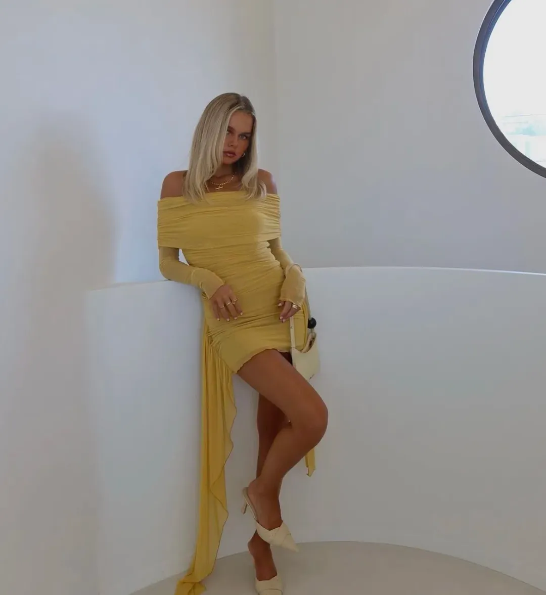 Benni Yasmin Off Shoulder Mini Dress Yellow Size 8 for rent on The Volte - main image