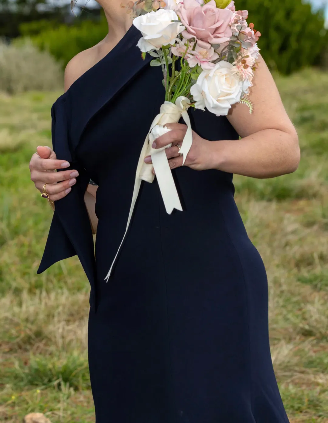 Carla Zampatti Crepe Fascia Asymmetrical Floor Length Gown Navy Size 8 for rent on The Volte - main image