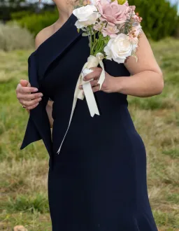 Carla Zampatti Crepe Fascia Asymmetrical Floor Length Gown Navy Size 8 for rent on The Volte - image 4