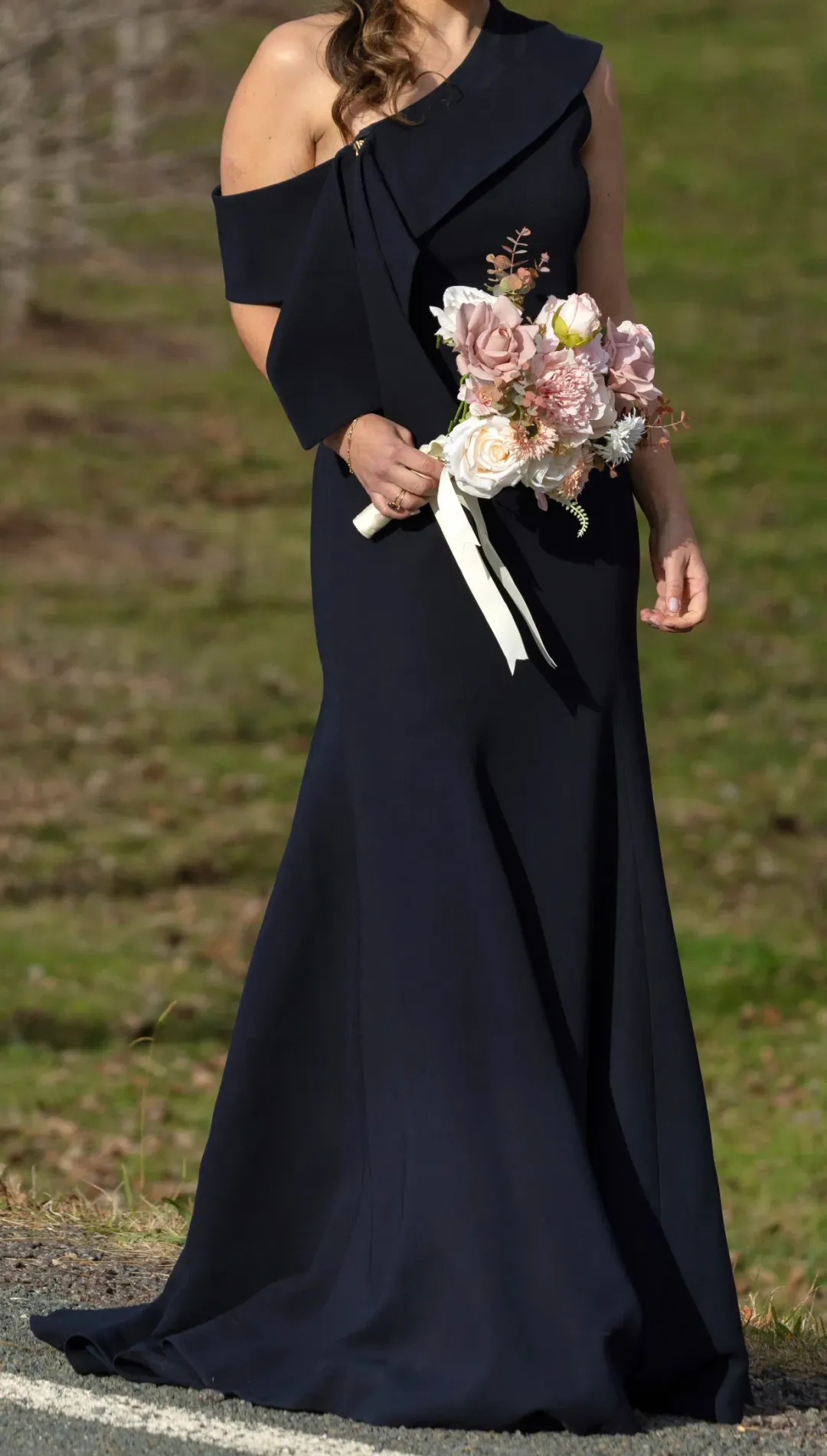 Carla Zampatti Crepe Fascia Asymmetrical Floor Length Gown Navy Size 8 for rent on The Volte - main image
