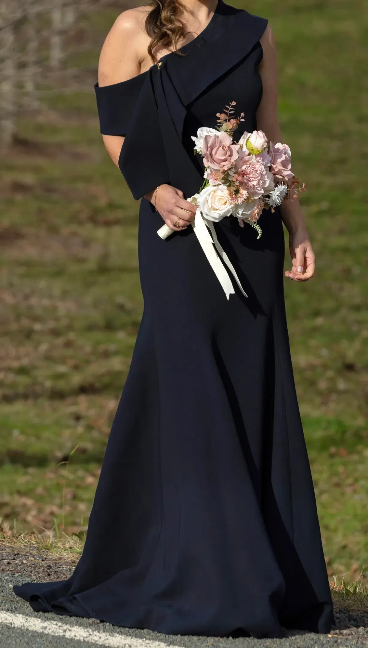 Carla Zampatti Crepe Fascia Asymmetrical Floor Length Gown Navy Size 8 for rent on The Volte - main image