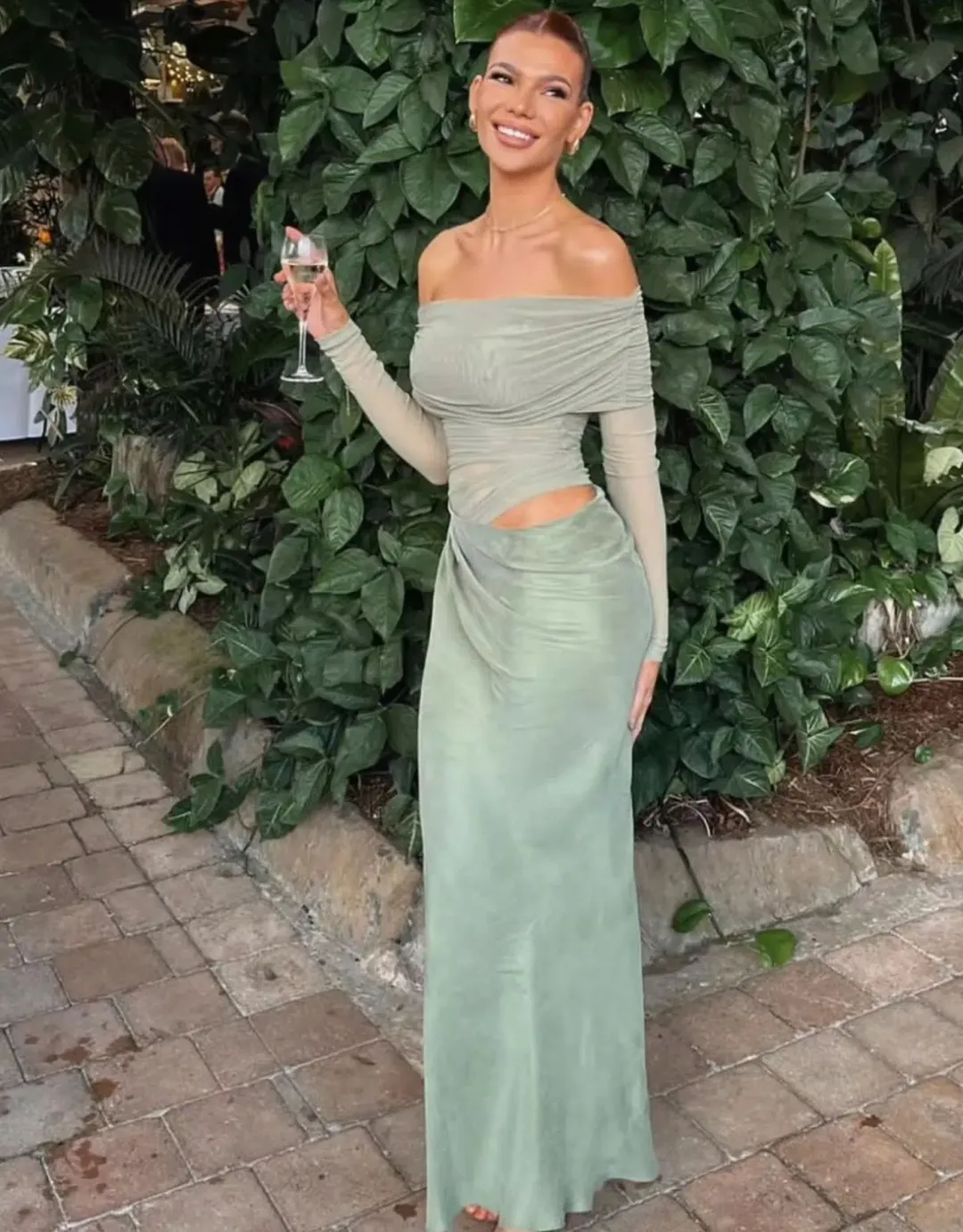 Benni Yasmin Off Shoulder Maxi Dress Pistachio Green Size 10 for rent on The Volte - main image
