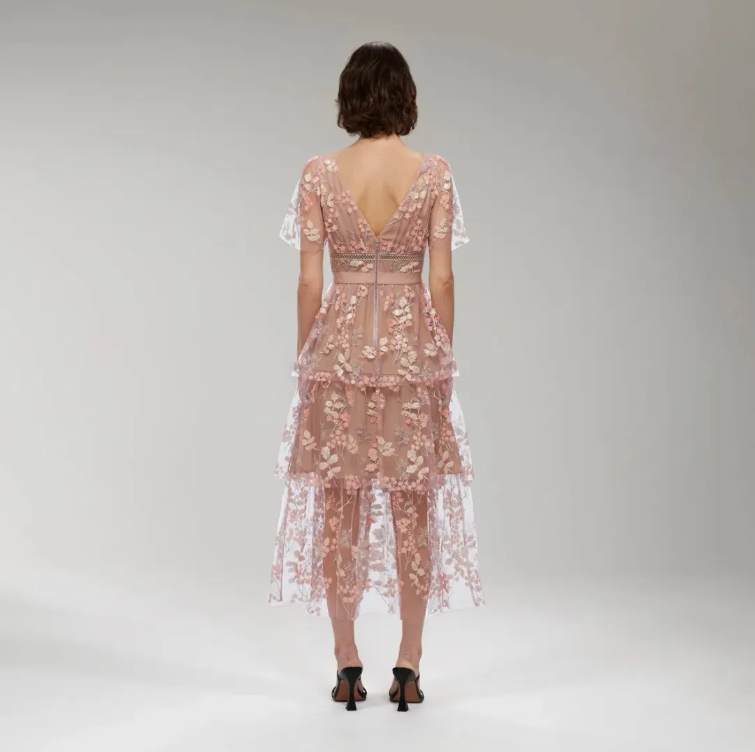 Self Portrait Flower Mesh Tiered Midi Dress Pink Size 12 for rent on The Volte - main image