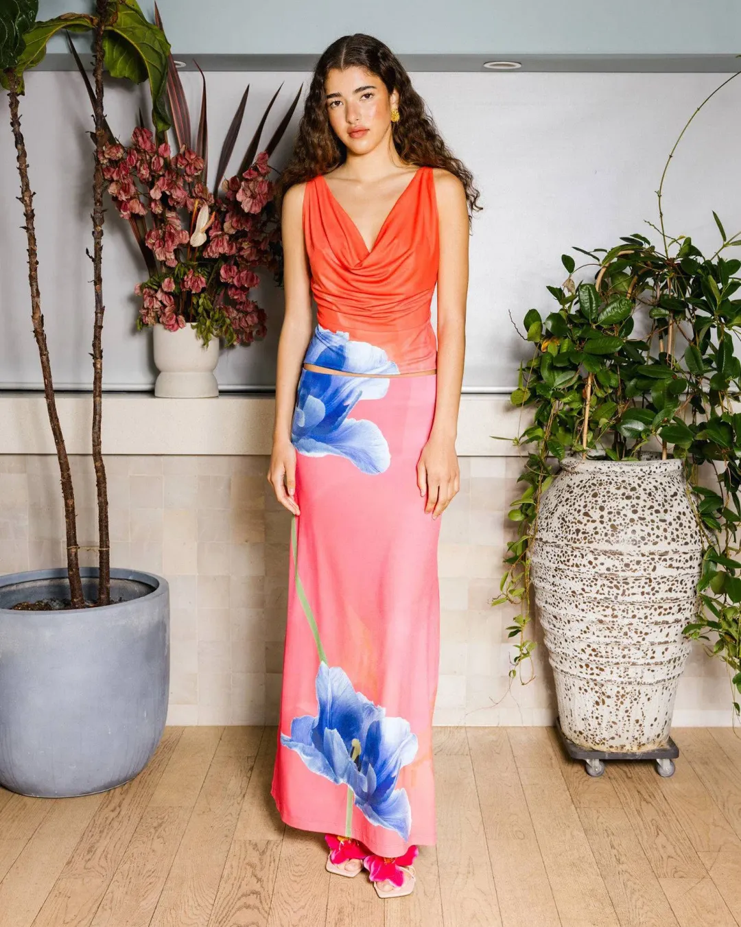 With Harper Lu Cowl Tank & Maxi Skirt Set in Contrast Poppy Size S / AU 8 for rent on The Volte - main image