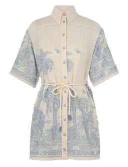 Zimmermann Ottie Palm Mini Shirt Dress Cream/Blue Size 0 / AU 8  for rent on The Volte - image 3