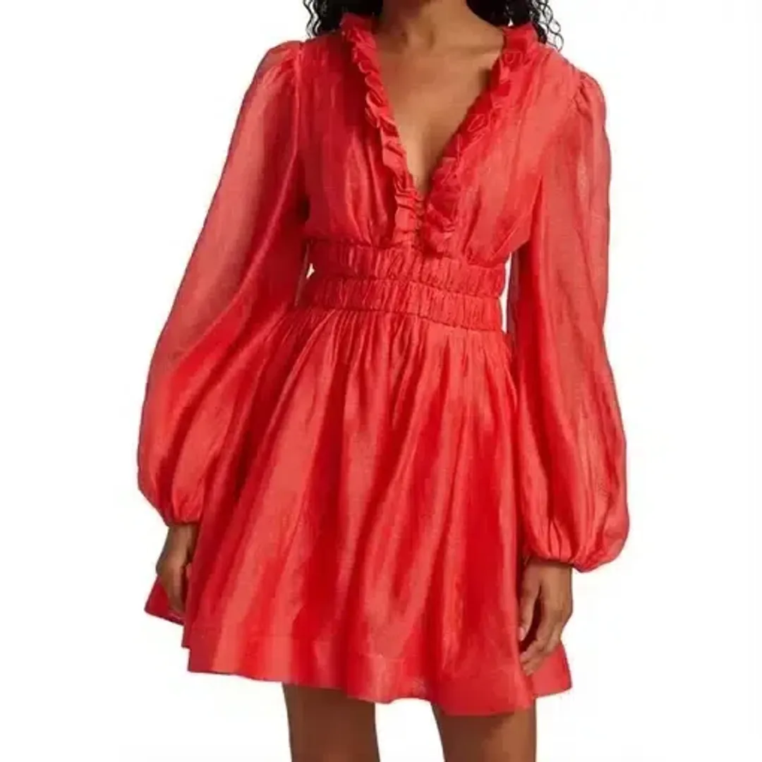 Zimmermann Prima Frill V Neck Mini Dress Red Size 2/Au12 for rent on The Volte - main image