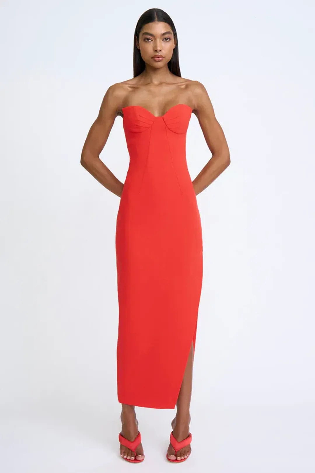 By Johnny Sahana Shell Shape Strapless Midi Dress Red Size 6 for rent on The Volte - main image