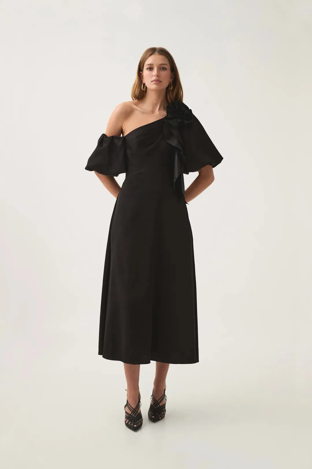 Aje Magnetic Draped Midi Dress Black Size 12 for rent on The Volte - main image