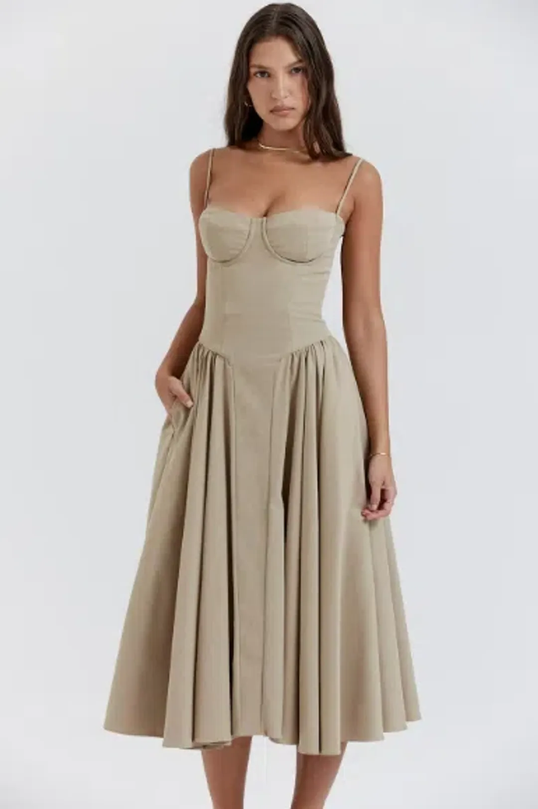 House of CB Samaria Corset Midi Dress Taupe Size 6 for rent on The Volte - main image