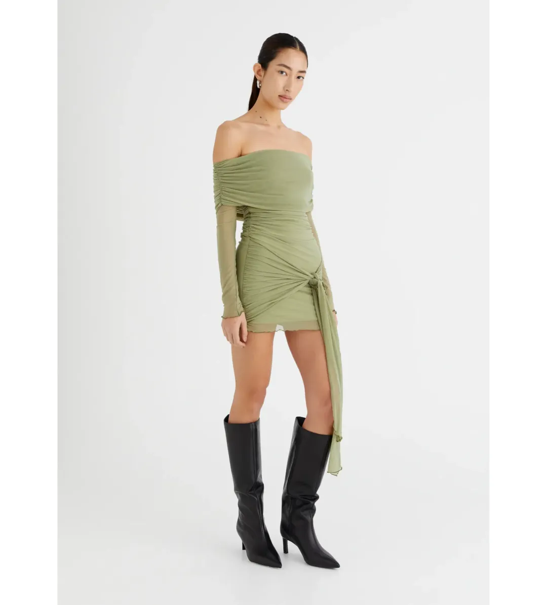 BENNI Yasmin Off Shoulder Mini Dress in Pistachio Size XS/AU 6 for rent on The Volte - main image
