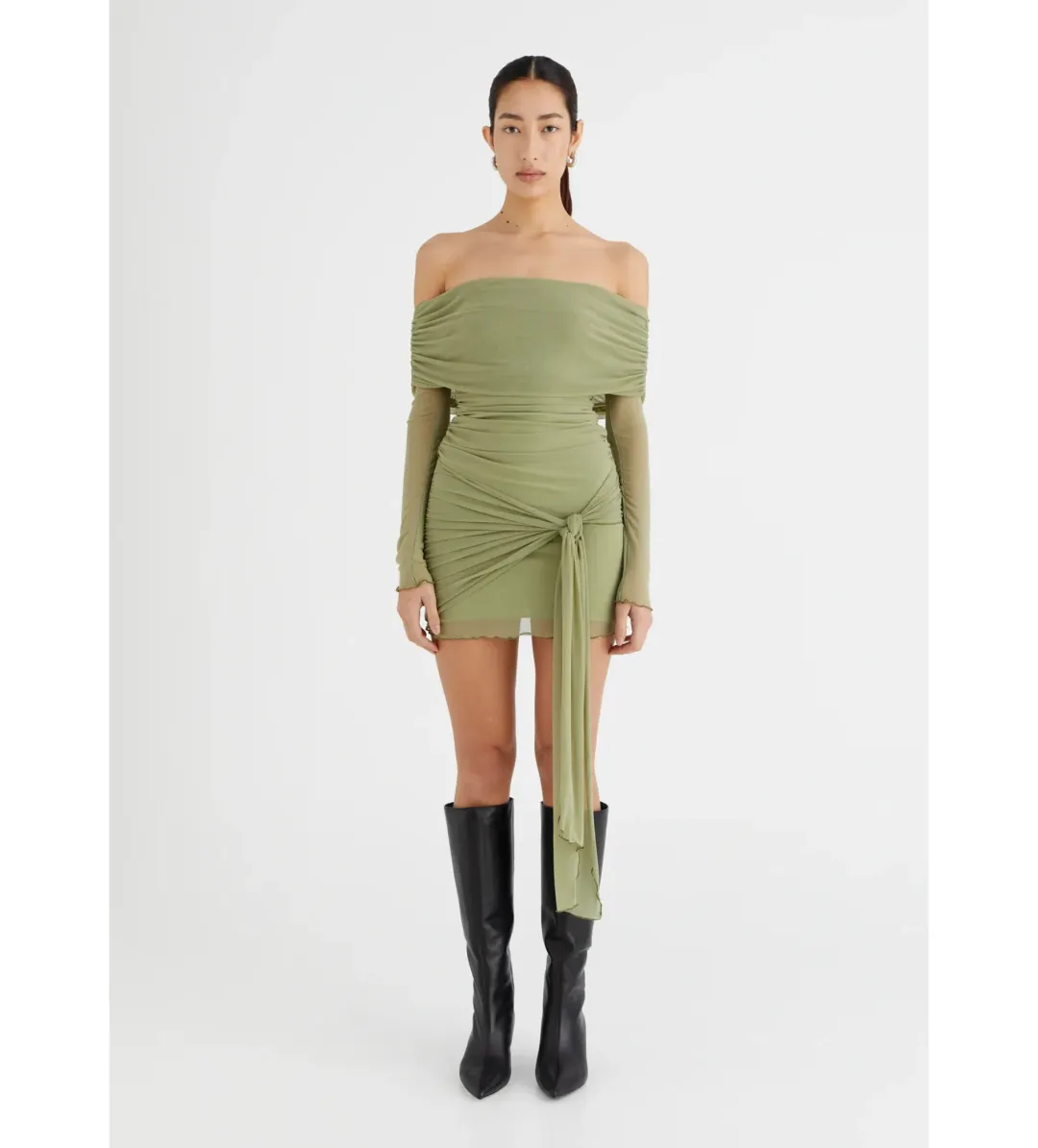 BENNI Yasmin Off Shoulder Mini Dress in Pistachio Size XS/AU 6 for rent on The Volte - main image