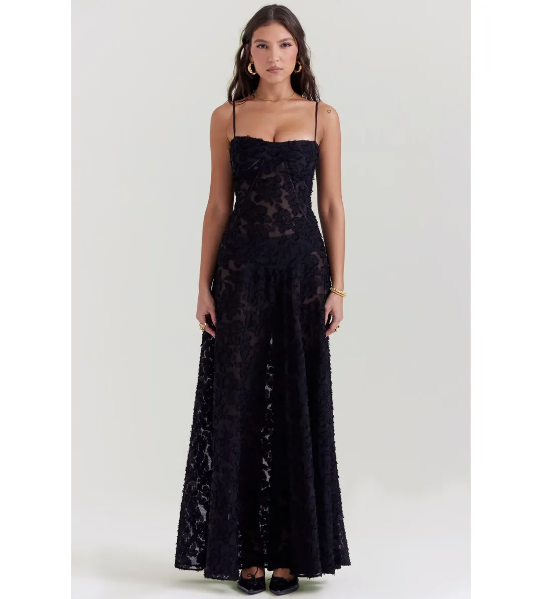 House of CB Seren Black Floral Lace Back Maxi Dress Size M/AU 10 for rent on The Volte - main image