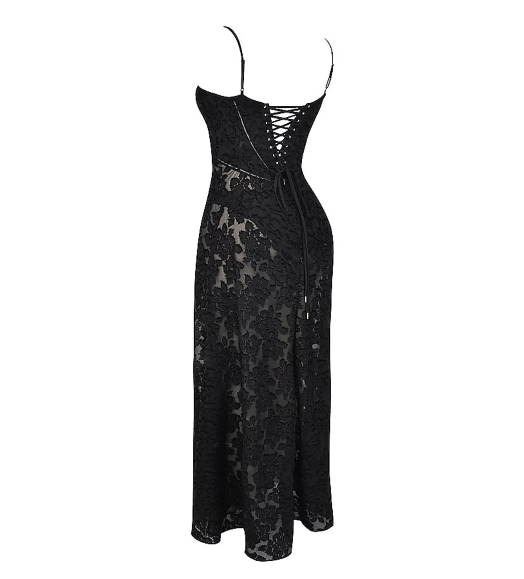 House of CB Seren Black Floral Lace Back Maxi Dress Size M/AU 10 for rent on The Volte - main image
