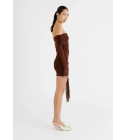 BENNI Yasmin Off Shoulder Mini Dress in Cacao Size XS/AU 6 for rent on The Volte - image 2