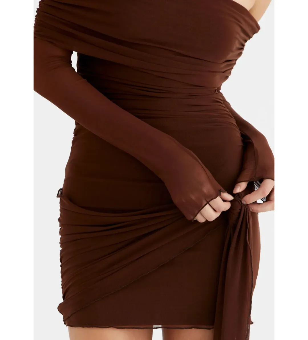 BENNI Yasmin Off Shoulder Mini Dress in Cacao Size XS/AU 6 for rent on The Volte - main image