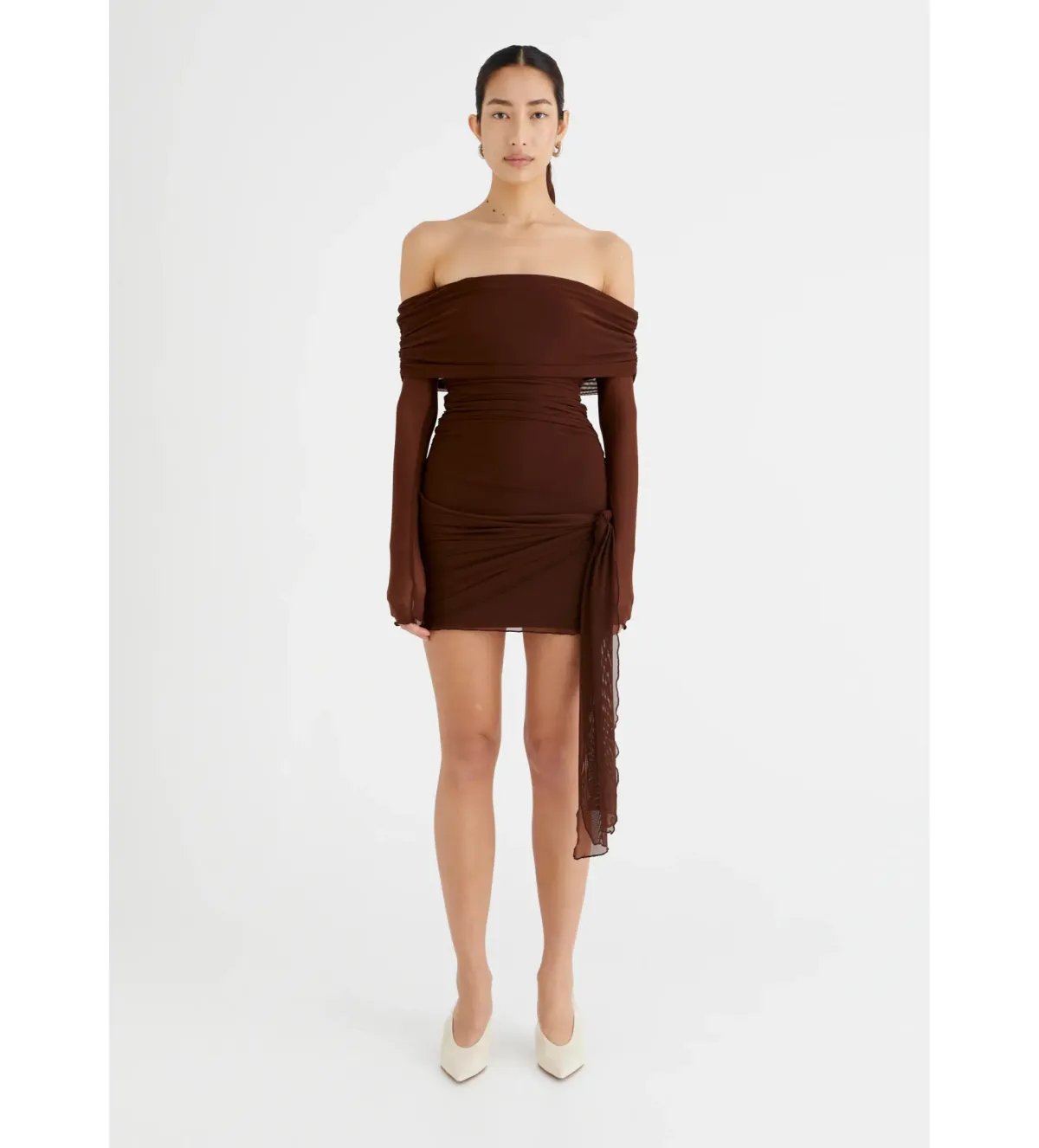 BENNI Yasmin Off Shoulder Mini Dress in Cacao Size XS/AU 6 for rent on The Volte - main image
