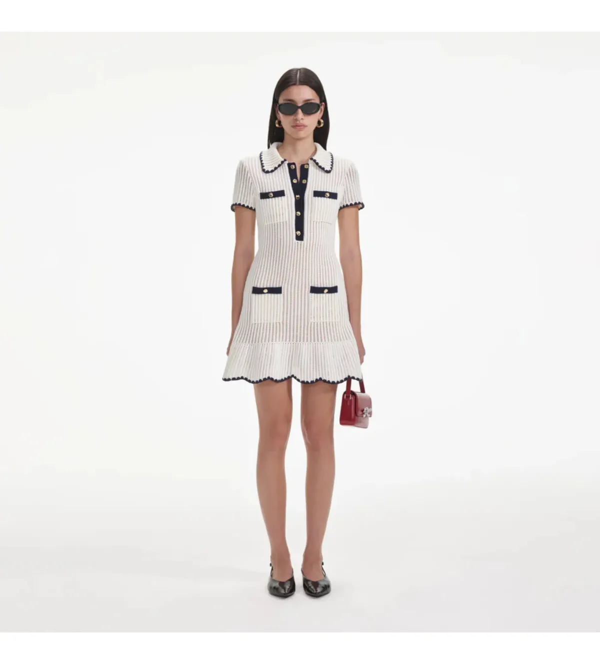 Self Portrait Cream Crochet Collared Mini Dress Size M/AU 8 for rent on The Volte - main image