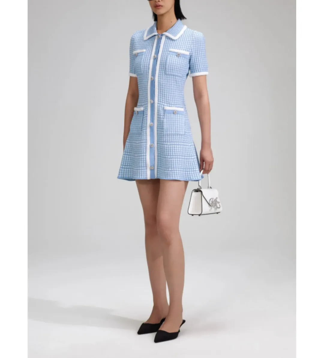 Self Portrait Blue Lurex Knitted Mini Dress Size M/AU 8 for rent on The Volte - main image