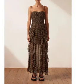 Shona Joy Sofia Ruched Frill Maxi Dress Brown Size AU 10 for rent on The Volte - image 1